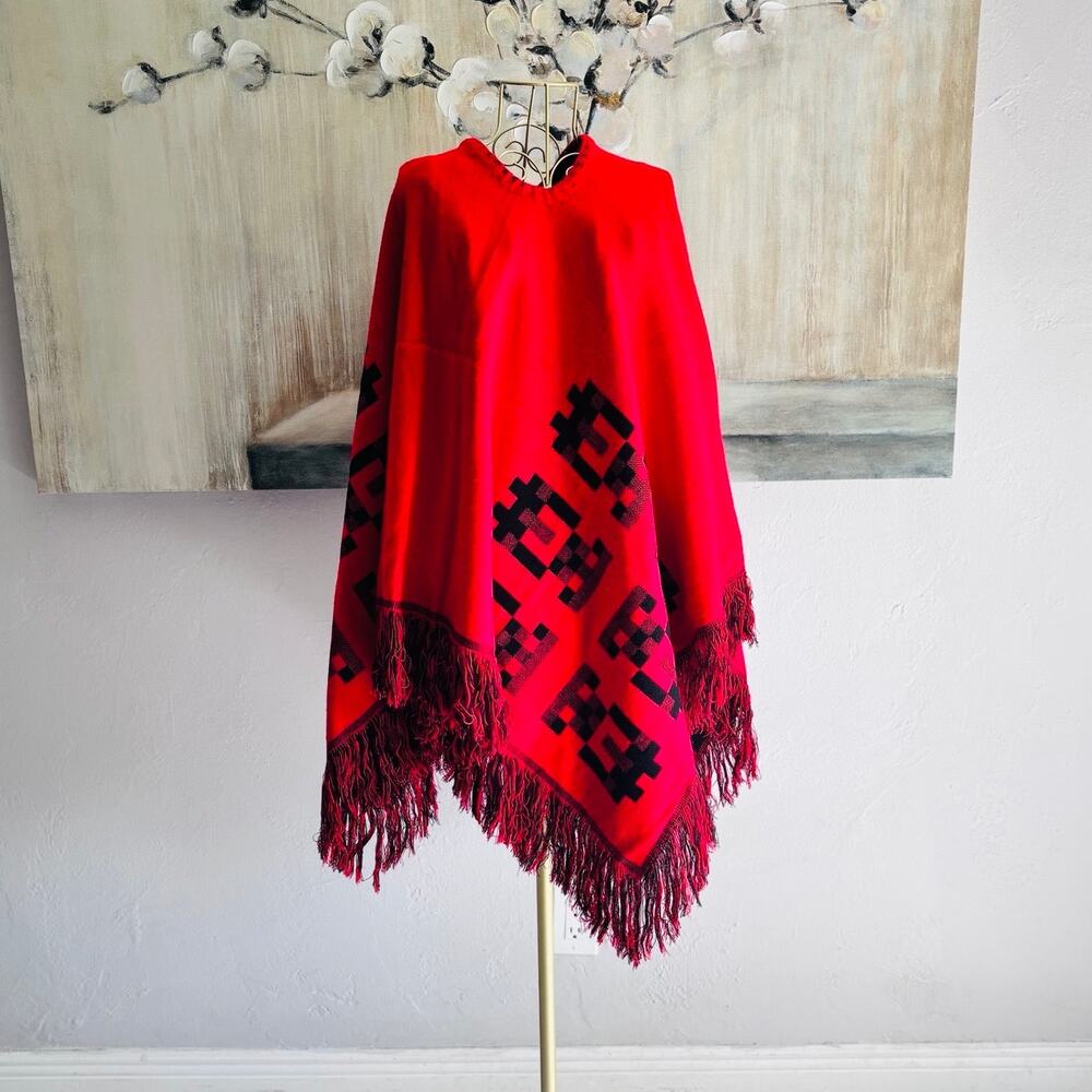 Reversible Red Black Geometric Poncho Cape Fringe Custom Handmade